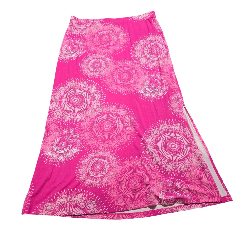 Chico's Maxi Skirt Women Size 2 Large Pink Mandala Medallion Side Slit Stretch